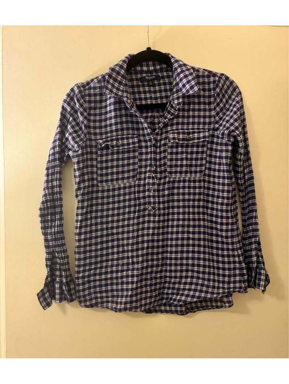 Madewell Plaid Popover Long Sleeve Shirt Blouse Blue White XS